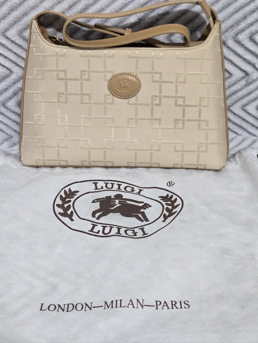 Luigi Beige Monogram Shoulder Bag Bagette Purse Patterned Jacquard Leather New